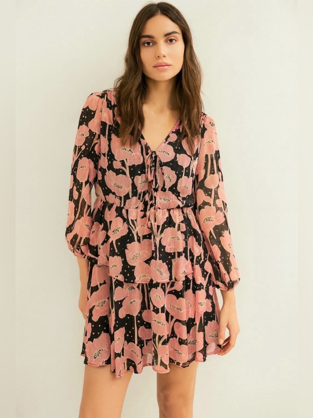 Ted Baker Prinana Pink Black Floral Long Sleeve Tiered Mini Dress Tie Front